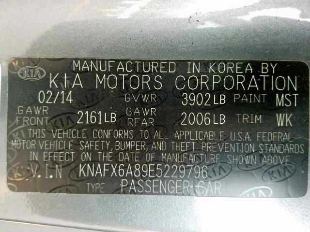 KNAFX6A89E5229796 - 2014 KIA FORTE EX GRAY photo 10