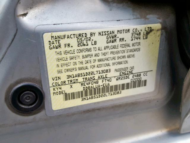 3N1AB51D22L713083 - 2002 NISSAN SENTRA SE- SILVER photo 10