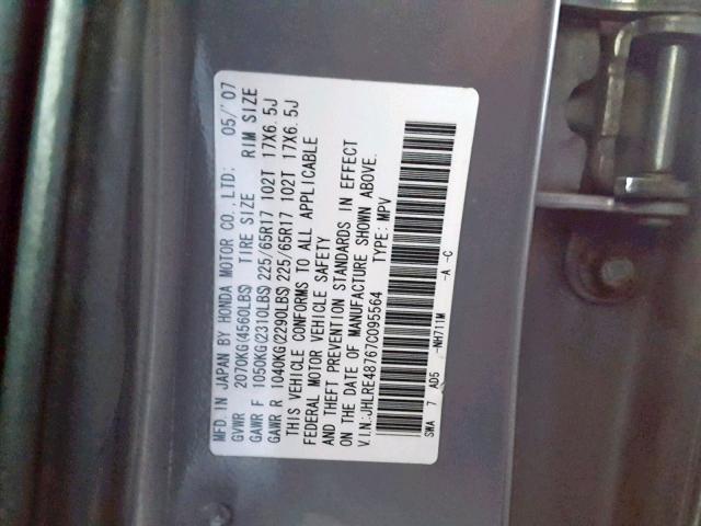 JHLRE48767C095564 - 2007 HONDA CR-V EXL SILVER photo 10