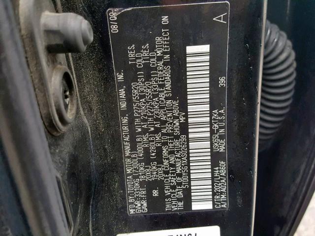 5TDDY5G1XAS026299 - 2010 TOYOTA SEQUOIA PL BLACK photo 10