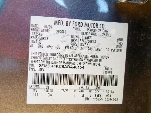 2FMDK4KC5ABA46154 - 2010 FORD EDGE LIMIT GRAY photo 10