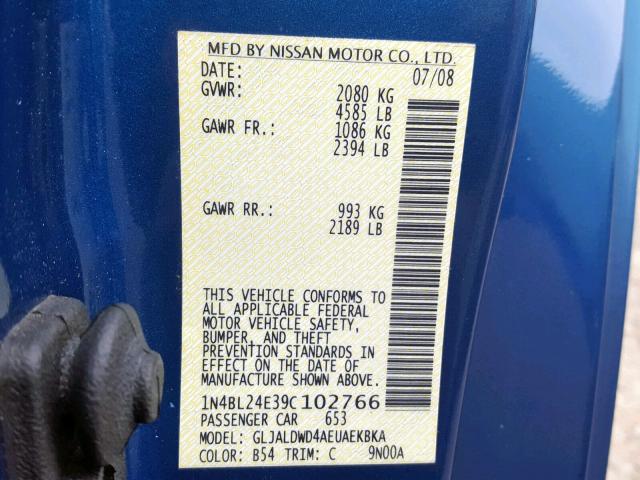 1N4BL24E39C102766 - 2009 NISSAN ALTIMA 3.5 BLUE photo 10