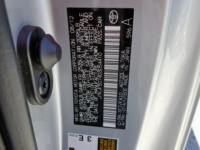 JTKJF5C74D3054410 - 2013 TOYOTA SCION TC ვერცხლისფერი ფოტო 10