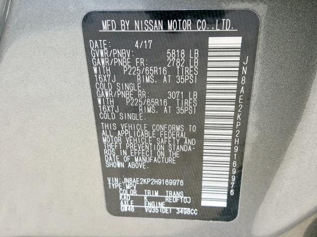 JN8AE2KP2H9169976 - 2017 NISSAN QUEST S GRAY photo 10