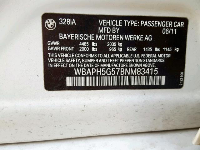 WBAPH5G57BNM83415 - 2011 BMW 328 I SULE WHITE photo 10