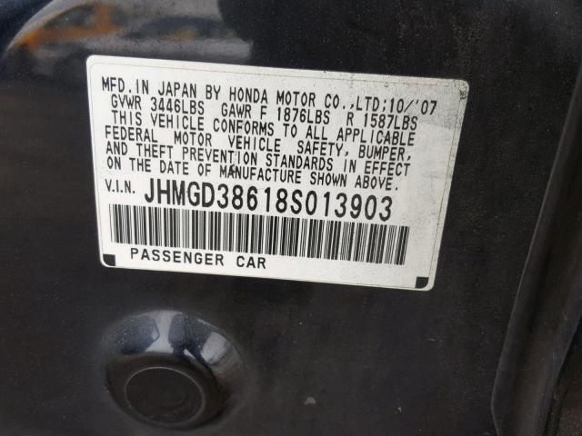 JHMGD38618S013903 - 2008 HONDA FIT SPORT BLACK photo 10