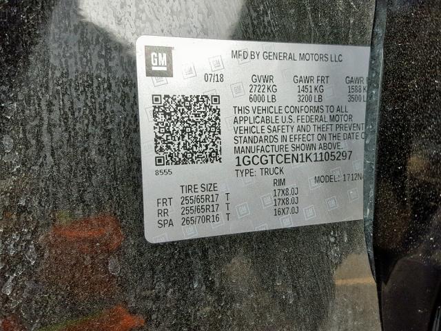 1GCGTCEN1K1105297 - 2019 CHEVROLET COLORADO L BLACK photo 10