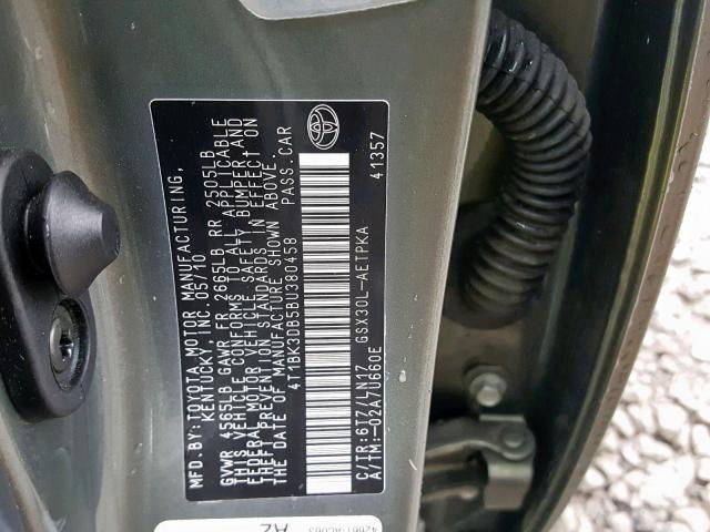 4T1BK3DB5BU380458 - 2011 TOYOTA AVALON BAS Сұр фото 10