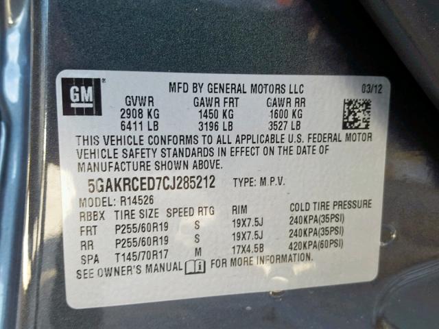 5GAKRCED7CJ285212 - 2012 BUICK ENCLAVE GRAY photo 10