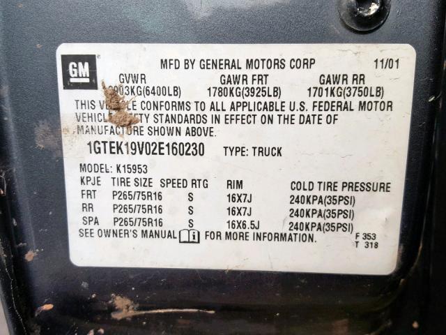 1GTEK19V02E160230 - 2002 GMC NEW SIERRA GRAY photo 10