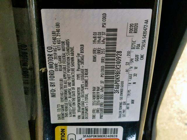 3FA6P0K98ER240928 - 2014 FORD FUSION TIT BLACK photo 10