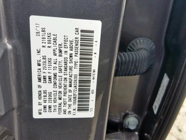 19UUB2F72JA009095 - 2018 ACURA TLX ADVANC GRAY photo 10