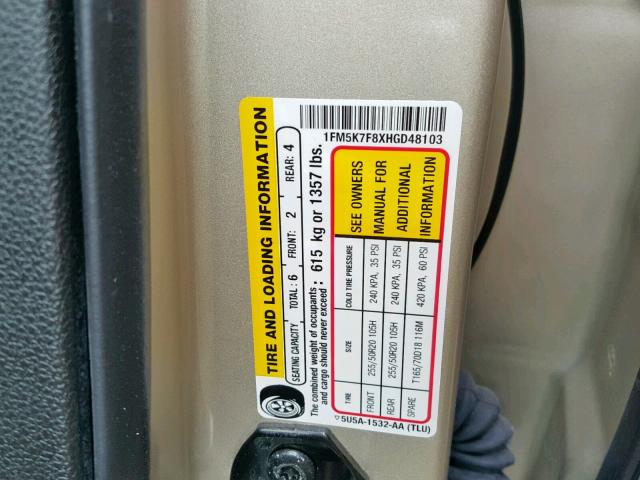 1FM5K7F8XHGD48103 - 2017 FORD EXPLORER L GOLD photo 10