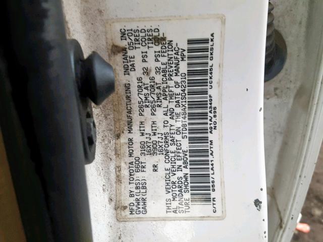 5TDBT48AX1S042310 - 2001 TOYOTA SEQUOIA LI WHITE photo 10