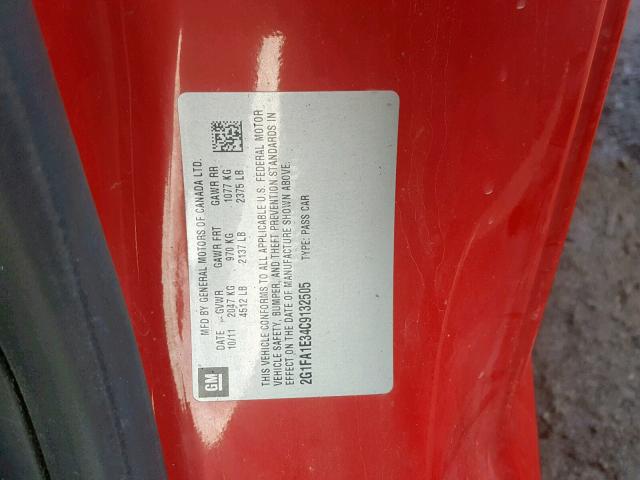 2G1FA1E34C9132505 - 2012 CHEVROLET CAMARO LS RED photo 10