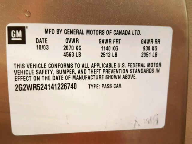 2G2WR524141226740 - 2004 PONTIAC GRAND PRIX GOLD photo 10