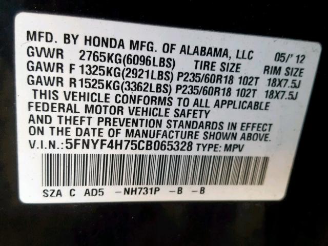 5FNYF4H75CB065328 - 2012 HONDA PILOT EXLN BLACK photo 10