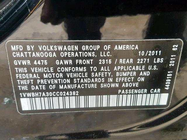 1VWBH7A30CC024382 - 2012 VOLKSWAGEN PASSAT SE BLACK photo 10