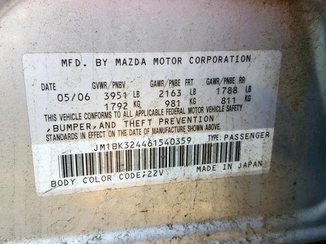 JM1BK324461540359 - 2006 MAZDA 3 S SILVER photo 10