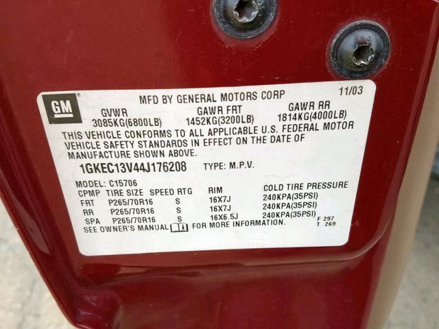 1GKEC13V44J176208 - 2004 GMC YUKON MAROON photo 10