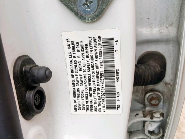 19XFB2F9XFE057991 - 2015 HONDA CIVIC EXL WHITE photo 10