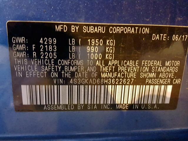 4S3GKAD68H3622627 - 2017 SUBARU IMPREZA PR BLUE photo 10