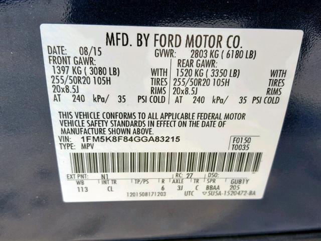 1FM5K8F84GGA83215 - 2016 FORD EXPLORER L BLUE photo 10