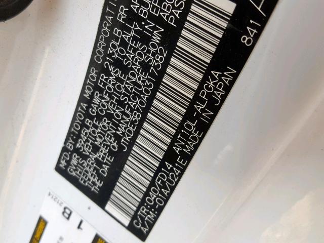 JTKDE3B70A0317382 - 2010 TOYOTA SCION TC თეთრი ფოტო 10