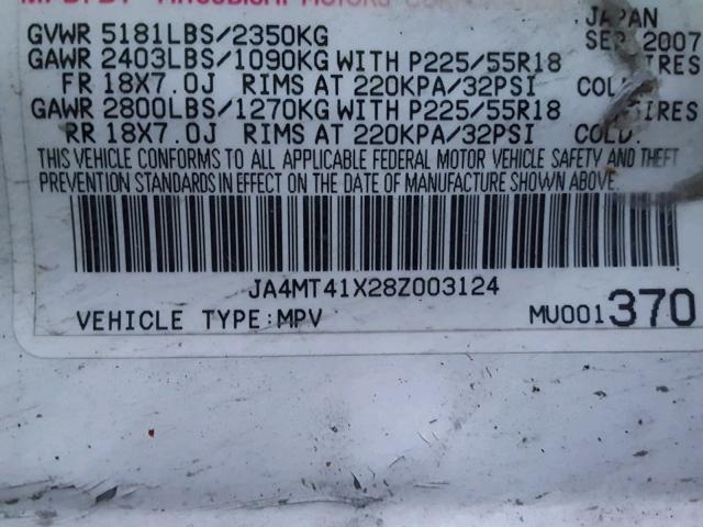 JA4MT41X28Z003124 - 2008 MITSUBISHI OUTLANDER WHITE photo 10