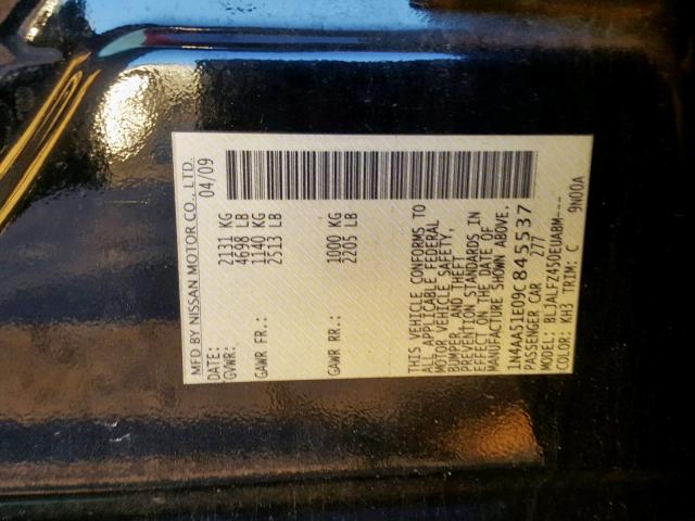 1N4AA51E09C845537 - 2009 NISSAN MAXIMA S BLACK photo 10