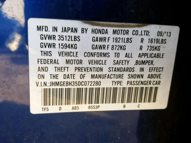 JHMGE8H35DC072280 - 2013 HONDA FIT BLUE photo 10