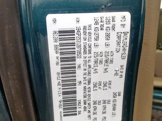 1B4GP25312B739522 - 2002 DODGE CARAVAN SE GREEN photo 10