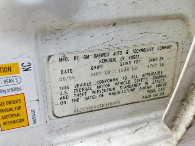 KL1TD56627B040998 - 2007 CHEVROLET AVEO BASE Ağ foto 10