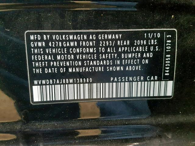 WVWDB7AJ8BW138980 - 2011 VOLKSWAGEN GOLF 黑色 照片 10