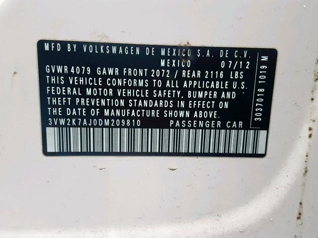 3VW2K7AJ0DM209810 - 2013 VOLKSWAGEN JETTA BASE 白色 照片 10