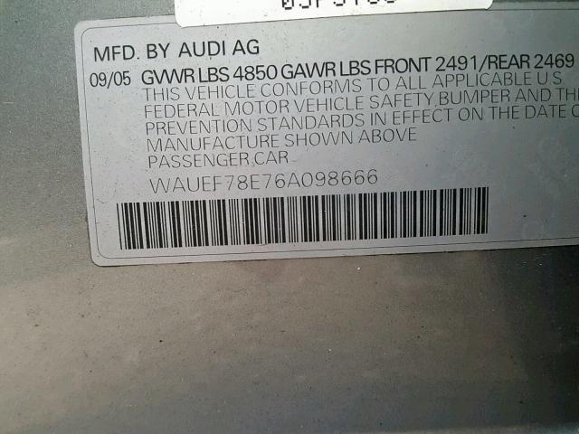 WAUEF78E76A098666 - 2006 AUDI A4 S-LINE GRAY photo 10