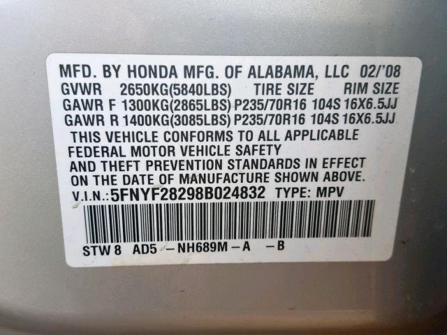 5FNYF28298B024832 - 2008 HONDA PILOT VP SILVER photo 10