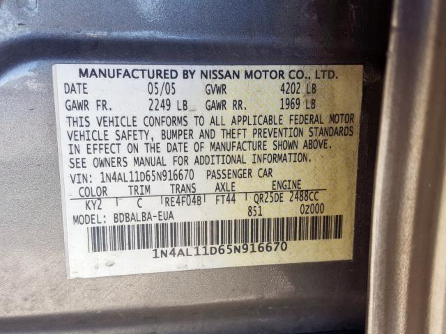 1N4AL11D65N916670 - 2005 NISSAN ALTIMA S GRAY photo 10