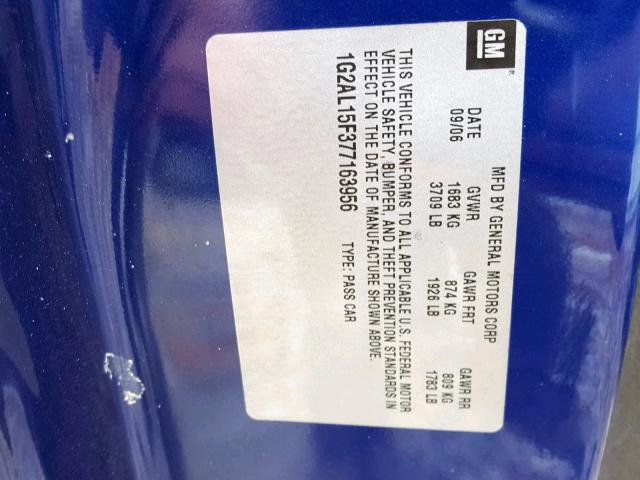 1G2AL15F377163956 - 2007 PONTIAC G5 BLUE photo 10