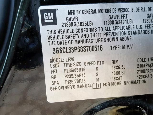 3GSCL33P68S700516 - 2008 SATURN VUE XE BLACK photo 10