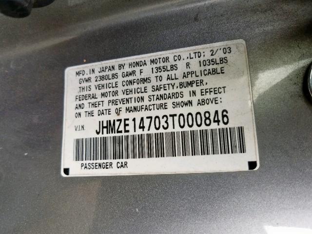 JHMZE14703T000846 - 2003 HONDA INSIGHT SILVER photo 10