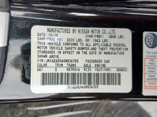 JN1AZ4EH4GM934765 - 2016 NISSAN 370Z BASE BLACK photo 10