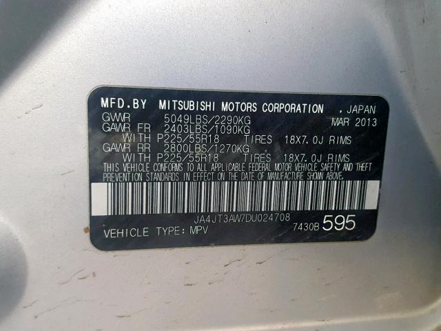 JA4JT3AW7DU024708 - 2013 MITSUBISHI OUTLANDER SILVER photo 10