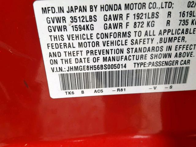 JHMGE8H56BS005014 - 2011 HONDA FIT SPORT RED photo 10