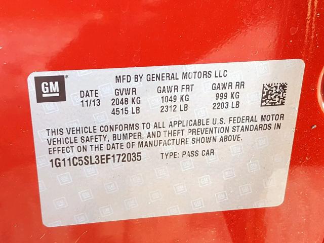 1G11C5SL3EF172035 - 2014 CHEVROLET MALIBU 1LT წითელი ფოტო 10