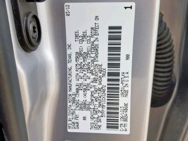 5TFFY5F11CX124872 - 2012 TOYOTA TUNDRA CRE SILVER photo 10