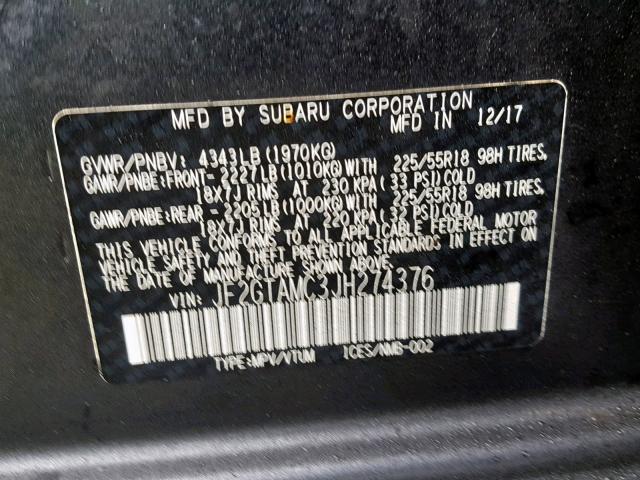 JF2GTAMC3JH274376 - 2018 SUBARU CROSSTREK GRAY photo 10