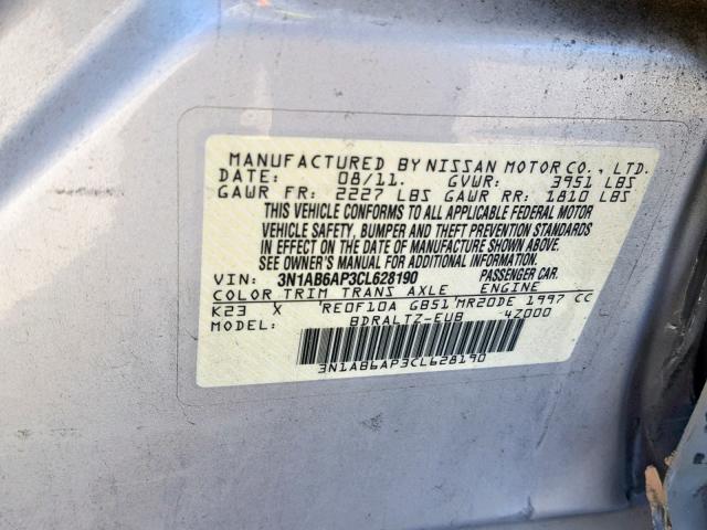 3N1AB6AP3CL628190 - 2012 NISSAN SENTRA 2.0 SILVER photo 10