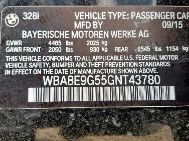 WBA8E9G55GNT43780 - 2016 BMW 328 I SULE BLACK photo 10