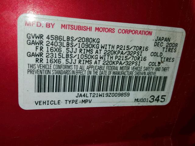 JA4LT21W19Z009859 - 2009 MITSUBISHI OUTLANDER RED photo 10